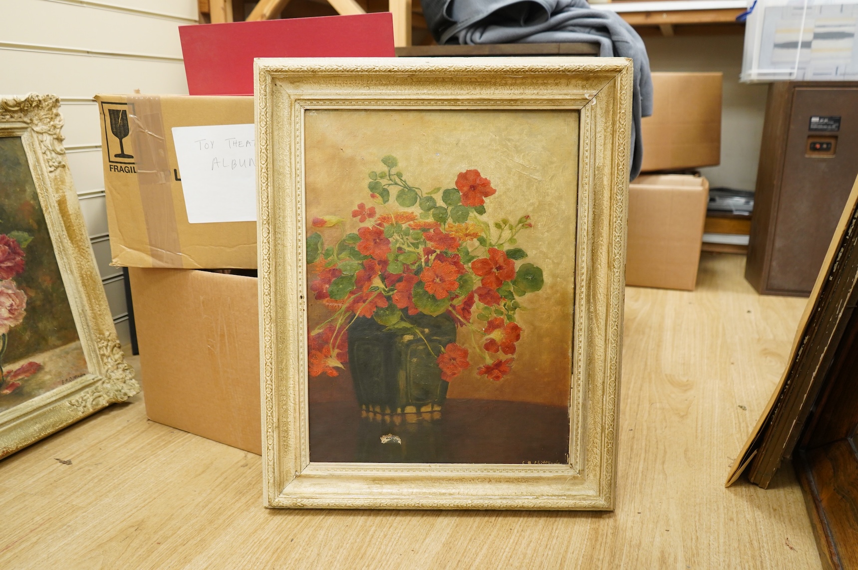 20th century, four still life’s of flowers, each indistinctly signed, oils on canvas, 39 x 34cm